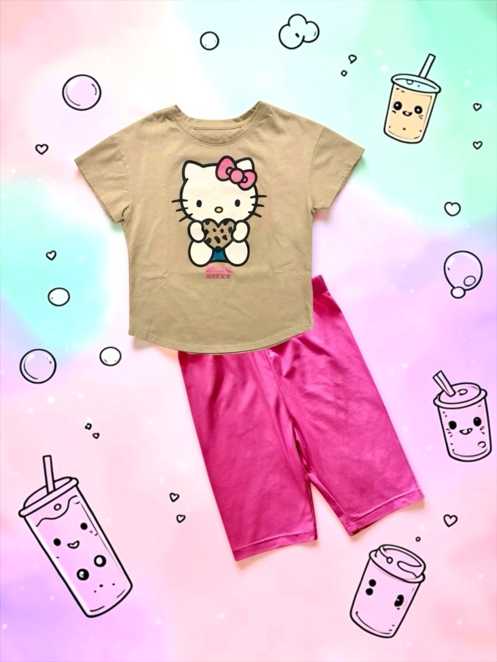 Hello Kitty Leopard Print Tee + Pink Bike Shorts Outfit Girls 6/6X EUC